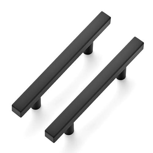 10 Pack Matte Black Cabinet Handles with 3 Inch (76 mm) Hole Center, Square Kitchen Hardware for Cabinets & Drawers, Stainless Steel Pulls, 5 Inch Overall Length - color: Matte Black Square T-Shaped, size: 3" Hole Center