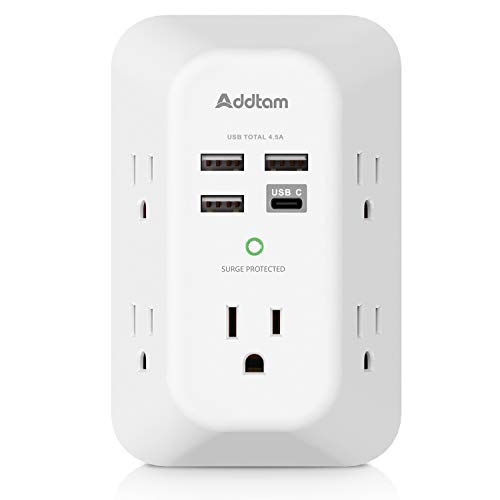 Addtam 5-Outlet Extender Surge Protector, Multi Plug Wall Outlet with 4 USB Wall Charger(1 USB C Ports), Outlet Splitter Power Strip for Home Office Dorm Room Essentials, Plug Extension Outlet 1800J - size: 1c3a