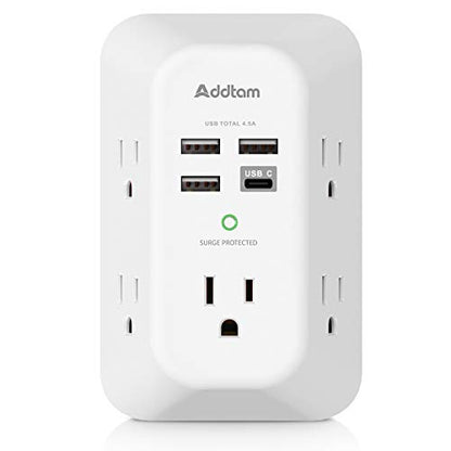 Addtam 5-Outlet Extender Surge Protector, Multi Plug Wall Outlet with 4 USB Wall Charger(1 USB C Ports), Outlet Splitter Power Strip for Home Office Dorm Room Essentials, Plug Extension Outlet 1800J - size: 1c3a
