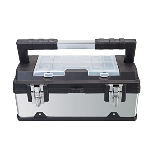 18" Stainless Steel Portable Storage Tool Box Organizer with Metal Lock, Clear Lid Compartments, and Removable Tray - Stainless Steel/Black - style: 19 inch Stainless Steel & plastic toolbox