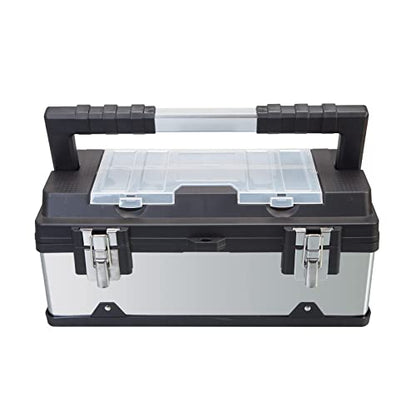18" Stainless Steel Portable Storage Tool Box Organizer with Metal Lock, Clear Lid Compartments, and Removable Tray - Stainless Steel/Black - style: 19 inch Stainless Steel & plastic toolbox