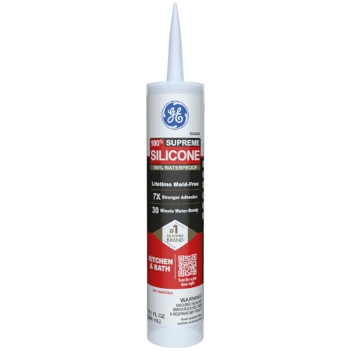 GE Supreme Silicone Caulk for Kitchen & Bathroom, Clear, 10 fl oz Cartridge, 1 Pack - 100% Waterproof Silicone Sealant, 7X Stronger Adhesion, Shrink & Crack Proof