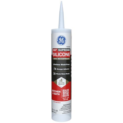 GE Supreme Silicone Caulk for Kitchen & Bathroom, Clear, 10 fl oz Cartridge, 1 Pack - 100% Waterproof Silicone Sealant, 7X Stronger Adhesion, Shrink & Crack Proof