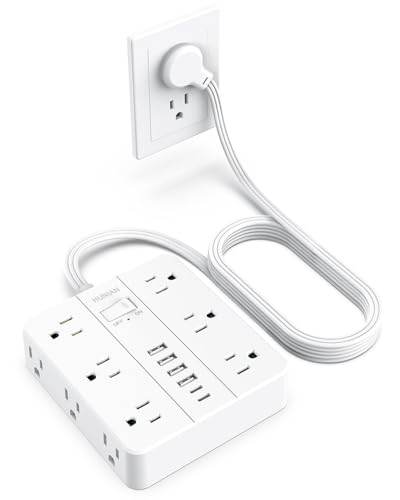 Flat Plug Surge Protector Power Strip, HUNIAN 12 Widely Spaced Outlets with 6 USB Charger (2 USB C Ports), 10 Ft Extension Cord Desk Charging Station for Home Office Supplies, Dorm Room, White - color: White, size: 10FT