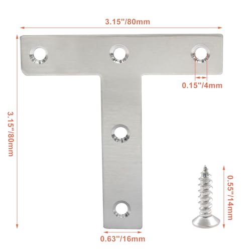 Bivethoi 12 Pcs T Shape Flat Mending Plates 80mm x 80mm (3.15" x 3.15") T Corner Braces T Bracket Connector Fixing Repair Plates for Wood Furniture, Cabinet, Windows - size: 80*80mm/3.15*3.15''(T shape)