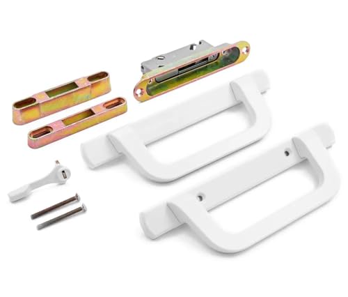8.5" White PGT Sliding Glass Patio Door Complete Handle Set Replacement Repair Kit Set | Mortise Lock, Keepers, Screws, Thumb Latch Lever, Locking Mechanism | 45 Degrees + 3-15/16" Hole Spacing - color: White