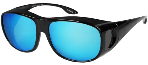 Fit Over Wrap Sunglasses Polarized Lens Wear Over Eyeglasses 100% UV Protection for Men and Women - color: 1 Pack: Black Frame and Blue Mirror Lens