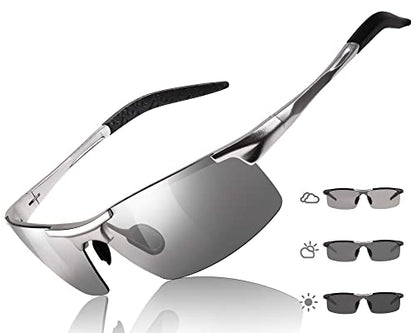 TJUTR Mens Photochromic Sunglasses Day & Night Driving Z87 Sun Glasses Polarized UV400 Protection Safety Glasses - color: A Silver Frame/Grey Photochromic Polarized Lens