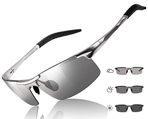 TJUTR Mens Photochromic Sunglasses Day & Night Driving Z87 Sun Glasses Polarized UV400 Protection Safety Glasses - color: A Silver Frame/Grey Photochromic Polarized Lens