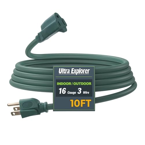10 Ft Indoor Outdoor Green Extension Cord, 16/3 SJTW Heavy Duty Water-Resistant, 3 Prong Grounded Plug Power Cord for Home Appliance, Lights and Lawn, 13A 1625W, UL Listed - color: Green, size: 10', style: No Lighted