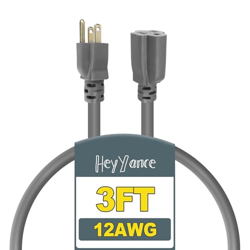 3 Ft Heavy Duty Outdoor Extension Cord Waterproof - 12/3 SJTW 15A 1875W Gray Extension Cable with 3 Prong Grounded Plug, Waterproof Electric Cable for Lawn, Garden, Appliances, UL Listed - color: Grey, size: 3 ft
