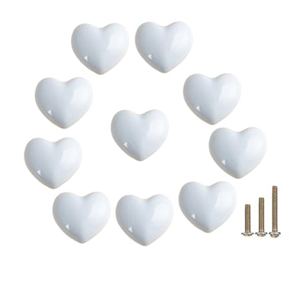 10 Pack Ceramic Heart knob White Drawer Knobs, Heart Shaped Dresser Knobs Cute Kitchen Cabinet Pull Handles, Small Vanity Knobs Hardware Closet Cupboard Knobs