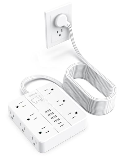 Extension Cord 25 Ft, HUNIAN Flat Plug Power Strip Surge Protector, 12 Widely Spaced Outlets with 6 USB Charger (2 USB C Ports), Desk Charging Station for Home Office Supplies, Dorm Room, White - color: White, size: 25FT