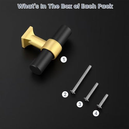 5Pack Single Hole Black Cabinet Knobs with Brushed Brass Base T Shaped Dold Kitchen Cabinet Knobs Hardware Pull Knob for Cabinets and Drawers 50mm Total Length - color: Black with Brushed Brass Base, size: Single Hole-2inch Length