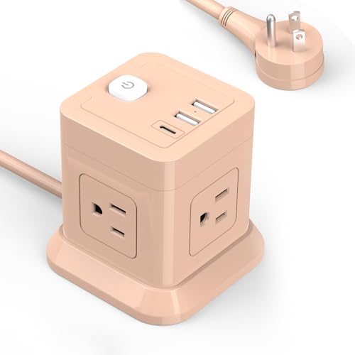 Cube Power Strip, FDTEK 4 Widely Spaced Outlet with 3 USB (1 USB C) Flat Plug Power Strips with Long Extension Cords Space Save Compact Portable for Travel Home Office Cruise - 10FT Pink - color: Pink, size: 10FT
