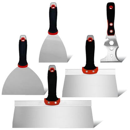5 Pack Drywall Knife Set, Includes 8” & 12” Taping Knives, 4" & 6" Putty Knives and 3” Multifunctional Paint Scraper, Perfect Hand Tools for Drywall Joint Taping, Finishing and Patching - color: Black, 5pcs