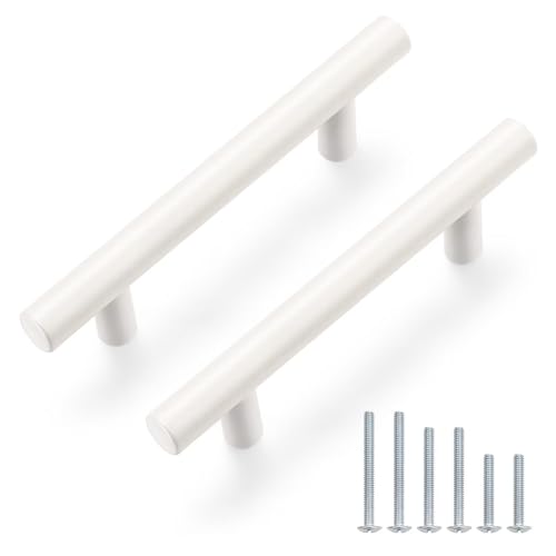 Probrico 5 Pack Hole Centers (76mm) 3inch White Kitchen Cabinet Handles Stainless Steel White Cabinet Pulls Euro Style Pull Handle for Cabinets and Drawers Total Length 5inch - color: White, size: Hole Centers: 3"