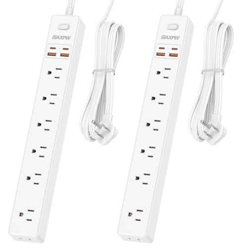 2 Pack Power Strip Surge Protector - 7 Outlets 4 USB Ports (2 USB C), 6 Ft Ultra Thin Flat Plug Extension Cord, 1875W/15A, 1700 Joules, Wall Mount for Home Office Dorm, White - color: White, size: 6 FT-2 Pack