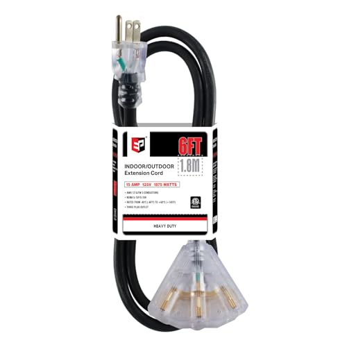 EP 6 Ft 12 Gauge Heavy Duty Extension Cord, 15A 125V 1875W, 3 Outlet Indoor/Outdoor Power Cord with Lighted End, 12/3 SJTW Weatherproof Black, UL Listed - color: Black, size: 6FT