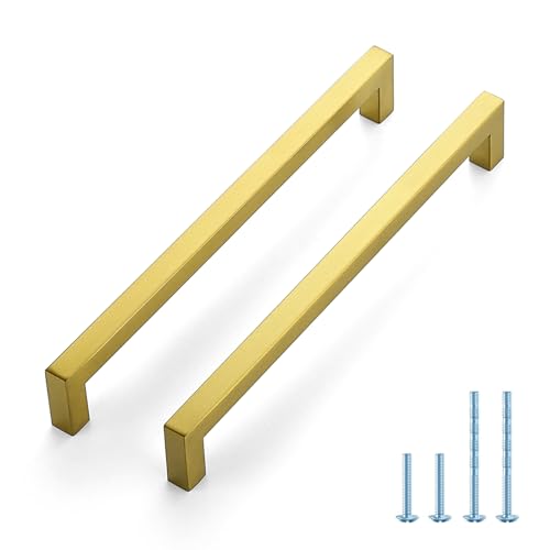 JOY DECOR Cabinet Handles, Gold Cabinet Pulls, Kitchen Handles Square Drawer Pulls Stainless Steel Drawer Hardware Handles 8-3/4 Inch(224mm) Hole Center 2 Pack - size: 8-3/4 Inch Hole Center
