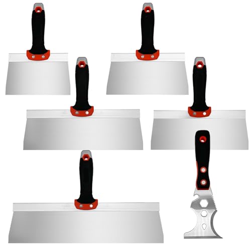 Drywall Taping Knife Set, 6 Pcs Stainless Steel Taping Knives Includes 6”,8”,10”,12”,14”, 3” Multifunctional Paint Scraper, Perfect Hand Tools for Drywall Joint Taping, Finishing and Patching - color: Black, 6pcs