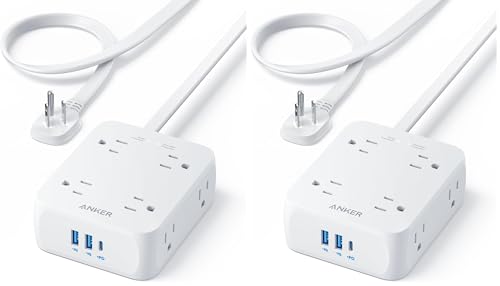 Anker Surge Protector Flat Plug Power Strip 2000J, 5ft Thin Extension Cord, 8 Outlets,2 USB A and 1 USB C Port,20W for iPhone15,Wall Mount,Compact for Home,Office,Room,TUV Listed (Pack of 2) - color: Shell White, size: 5FT (Pack of 2)
