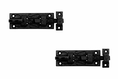 Renovators Supply Manufacturing Black Slide Bolt Door Latch 3 7/8 in. Long Wrought Iron Metal Surface Sliding Bolts with Catch for Cabinet Doors Rust Resistant Security Locks with Hardware Pack of 2 - size: Pack of 2, style: 3.88 inch - Curled Tail