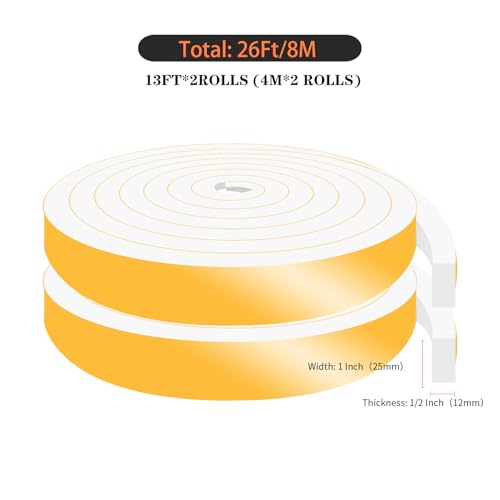 Weather Stripping,Door Seal Strip,Strong Adhesive, Lightproof, Soundproof Foam,Door Seal Strip for Door Frame,Window Frame,Sliding Door (White,1 in x 1/2 in x 26Ft) - size: 1 In x 1/2 In x 26 Ft