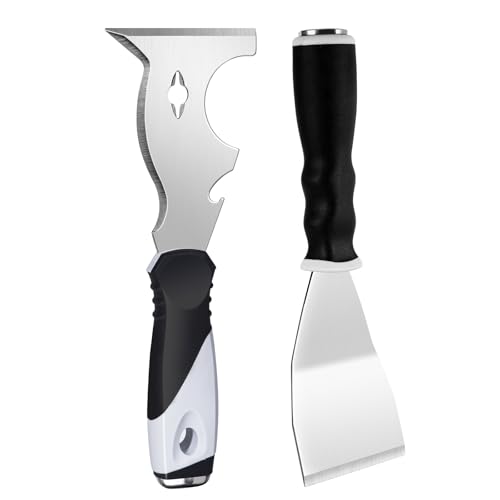 Mister Rui 2 Pack Paint Scraper Set, 3" Bent Paint Scraper with 10 in 1 Putty Knife, Stainless Steel Painting Tools, Metal Curved Floor Scraper for Cleaning, Removing, Repairing - color: 10 in 1 and 3" Bent Putty Knife