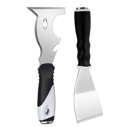 Mister Rui 2 Pack Paint Scraper Set, 3" Bent Paint Scraper with 10 in 1 Putty Knife, Stainless Steel Painting Tools, Metal Curved Floor Scraper for Cleaning, Removing, Repairing - color: 10 in 1 and 3" Bent Putty Knife