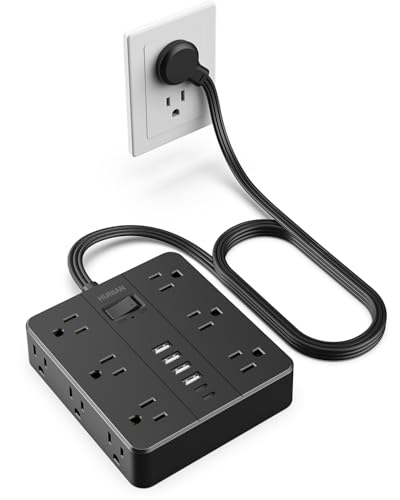 Flat Plug Power Strip Surge Protector, HUNIAN 5 Ft Extension Cord with 12 Widely Spaced Multiple Outlets 6 USB Charger (2 USB C Ports), Desk Charging Station for Home Office Supplies, Black - color: Black, size: 5FT
