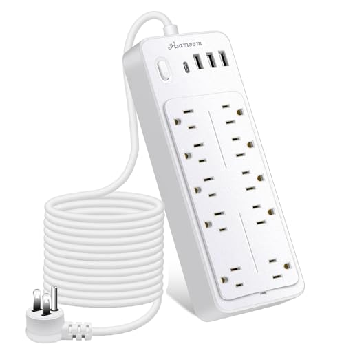20FT Power Strips with Surge Protection 1625W/13A, 10 Outlets with 4 USB Ports (1 USB C) Long Extension Cord with Multiple Outlets 14-in-1 1700J 16Awg Flat Plug Power Strip Protector White ETL Listed - color: White, size: 20FT