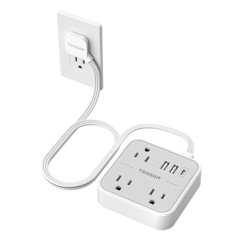 TESSAN Ultra Thin Flat Extension Cord 3 FT, Slim Power Strip with USB Ports (1 USB C), Surge Protector Flat Plug Wall Charger with 3 Outlets for Office, School, Dorm Room Essentials, Grey - color: Grey White, size: 3 FT