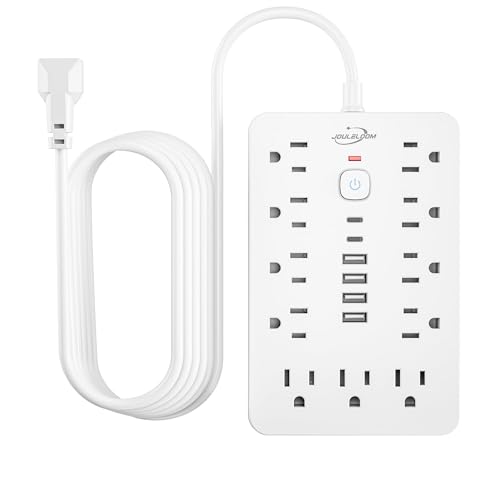 JouleLoom 6 FT Flat Plug Surge Protector Power Strip,11 Multiple AC Outlets with 6 USB Ports (2 USB C), 6 Feet Extension Cord, 1250W/10A, One Touch Switch Button, 17 in 1 Compact powerstrip-White - color: White, size: 6 Ft