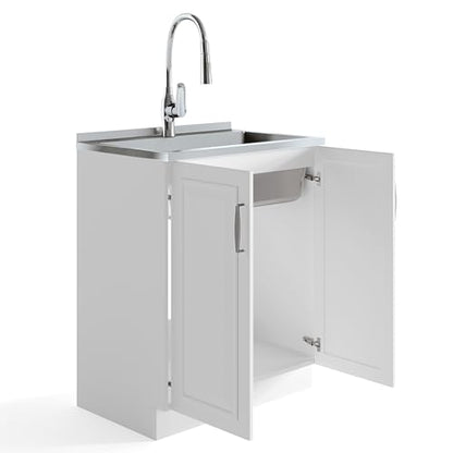 SIMPLIHOME Darwin All-in-One 28 inch Wide Utility Sink and Laundry Cabinet in Pure White Finish, Transitional Stainless Steel Sink Cabinet for Laundry Rooms with High-Arch Pull-Out Faucet and Storage - size: 28 Inch, style: Stainless Steel Sink