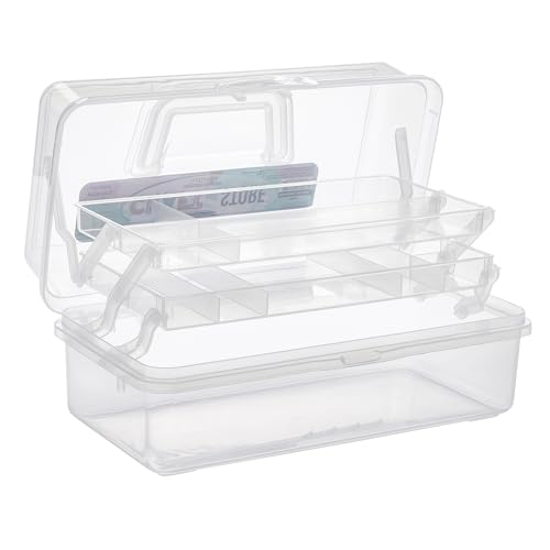 RoseArt Multi-Layer Plastic Dividing Craft Storage Box - Portable Handled Art Supply Organizer, Utility, Tool, Medicine, Craft Box Clear - Made in U.S.A