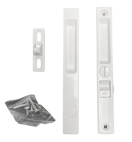 Sliding Glass Patio Door Lock Handle Set, Non-Keyed, Flush Mount, with Nite Lock,C Cam, and Keeper, White, 6-9/16" Screw Hole | Sliding Door Handle Replacement Hardware Repairs (DL-504) (White) - color: White