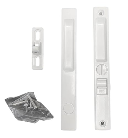 Sliding Glass Patio Door Lock Handle Set, Non-Keyed, Flush Mount, with Nite Lock,C Cam, and Keeper, White, 6-9/16" Screw Hole | Sliding Door Handle Replacement Hardware Repairs (DL-504) (White) - color: White