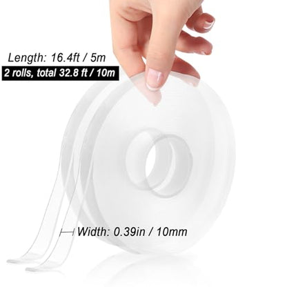 Clear Nano Double-Sided Tape Heavy Duty, Multipurpose Strong Sticky Mounting Tape Narrow (2 Rolls, Total 32.8FT), Traceless Transparent Acrylic Adhesive Gel Tape for Picture Hanging, Poster, Home, Car