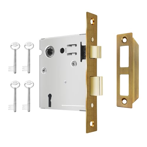 Mortise Lock Set Interior Door, Old Door Lock Replacement Parts, Antique Vintage Door Lock Hardware, Skeleton Keys and Reversible Latch, Mortise Lock Kit, Antique Brass Finish - color: Antique Brass