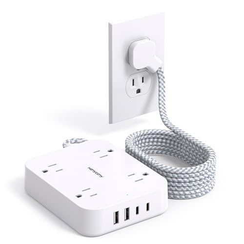 10 Ft Extension Cord, HANYCONY Ultra Thin Flat Power Strip with 4 Outlets 4 USB Ports (2 USB C), Wall Mount, Multi Plug Outlet Extender Desk Charging Station for Office Travel Dorm Room Essentials - color: White, size: 10 Ft