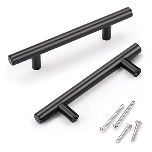 KNOBWELL 6 Pack 3-3/4" Black Drawer Pulls, T Bar Modern Kitchen Cupboard Handles Bathroom Cabinet Pulls, Round Black Handles 5-9/10 Inch Length - color: Black, size: 3 3/4inch(96mm)