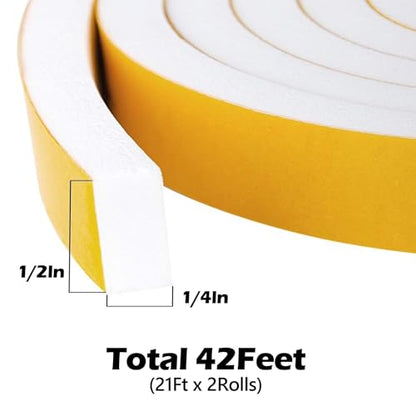 ToLanbbt White Door Window Weather Stripping Self Adhesive Foam Tape High Density Foam Sealing Strip Window Insulation Weatherproof Gasket Tape 1/2" Wide X 1/4" Thick, 21 Ft X 2 Rolls, Total 42 Feet - color: White, size: 1/2 In x 1/4 In x 42Ft