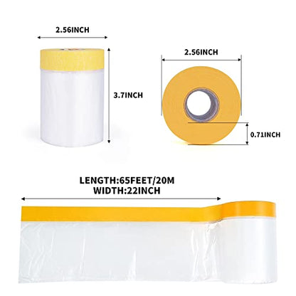 TAPEBEAR Pre-Taped Masking Film, Tape and Drape, Plastic Sheeting Roll, Automotive Painters Masking Tape Film, Plastic Sheeting Cover for Appliance, Car, 22inch X 65feet, 3Rolls - size: 550mm x 20m