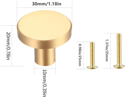 Gold Cabinet Knobs, 4 Pcs Brushed Brass Round Kitchen Cabinet Hardware Pulls Knobs Gold for Dresser Drawer Cupboard Furniture Closet Wardrobe Door Knobs Handles, with Screwdriver, 20x30 mm - size: 30mm/1.18inch (4 Pcs Brass)