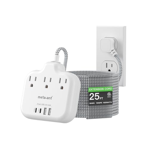 25FT Extension Cord with USB C - White Flat Plug Braided Extension Cord with 3 Outlets & 4 USB Ports (2 USB-C), No Surge Protector for Home, Office, Studio, Behind TV - color: White, size: 25FT