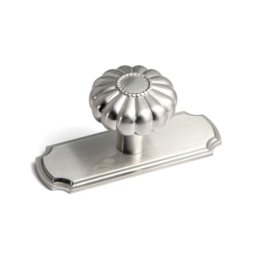 Set of 6 - Elegant Bloom Brushed Satin Nickel Cabinet Knobs with Backplate, Drawer Pulls for Kitchen, Dresser Cabinet Hardware for Bedroom, 1-1/4 Inches Diameter Handles - color: Satin Nickel, size: Knob