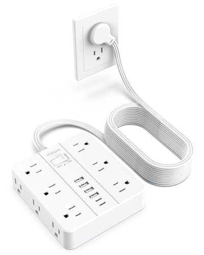 Flat Plug Power Strip Surge Protector, Flat Extension Cord Indoor 20 Feet， HUNIAN 12 Widely Spaced Outlets with 6 USB (2 USB C Ports), Desk Charging Station for Home Office Supplies, White - color: White, size: 20FT