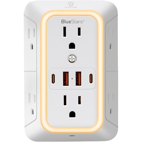Wall Mount Power Strips Wall Charger 6 Outlet Extender 4 USB Ports (5V, 2.4A, 12W) and Night Light 3-Sided Power Strip with Adapter Spaced Outlets - Multi Plug Outlet Surge Protector for Home Office