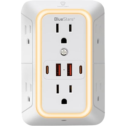 Wall Mount Power Strips Wall Charger 6 Outlet Extender 4 USB Ports (5V, 2.4A, 12W) and Night Light 3-Sided Power Strip with Adapter Spaced Outlets - Multi Plug Outlet Surge Protector for Home Office